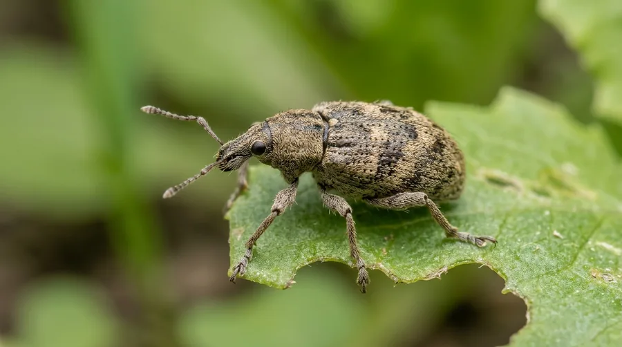 Grayish-brown vegetable weevil with a short snout and a pale V mark on its back on a leafy vegetable