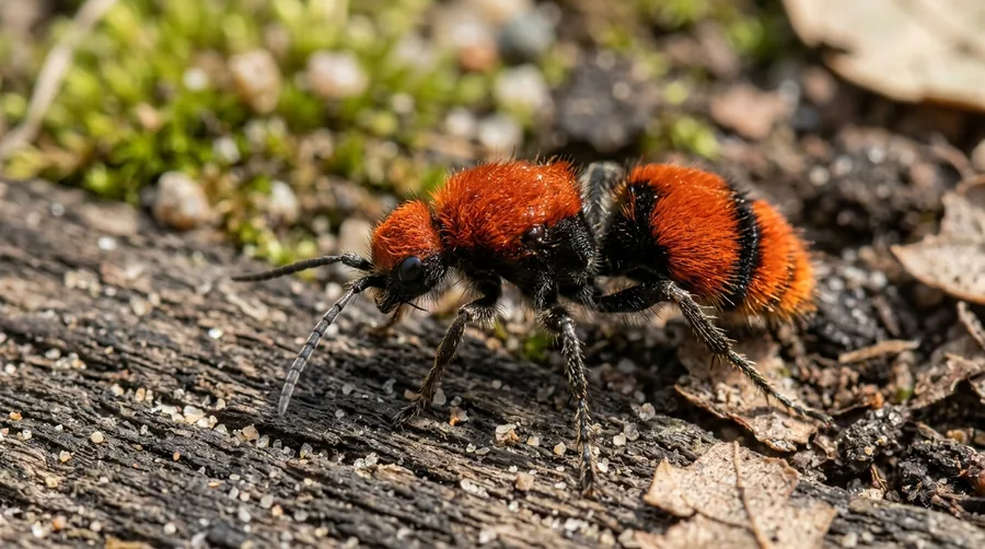 Bright red-orange and black furry velvet ant crawling across bare sandy ground