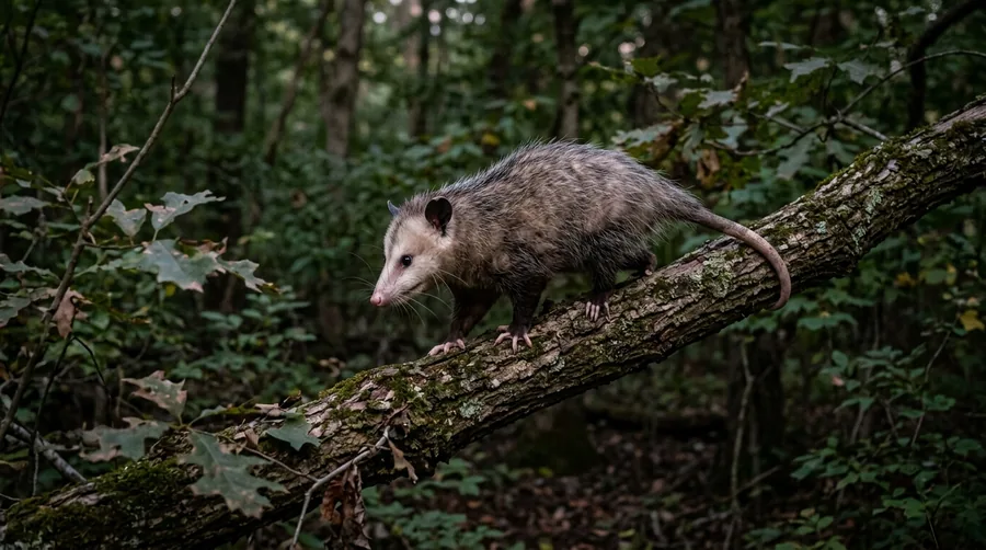 Grayish-white Virginia opossum with a pointed pink nose and bare tail foraging by a fence at night