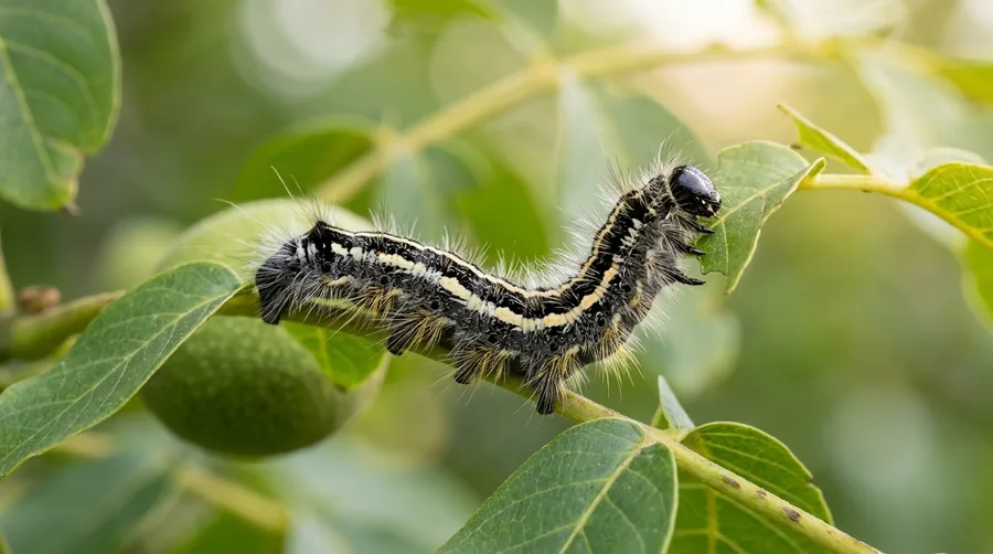 Cluster of hairy black-and-reddish walnut caterpillars arching on a walnut tree branch