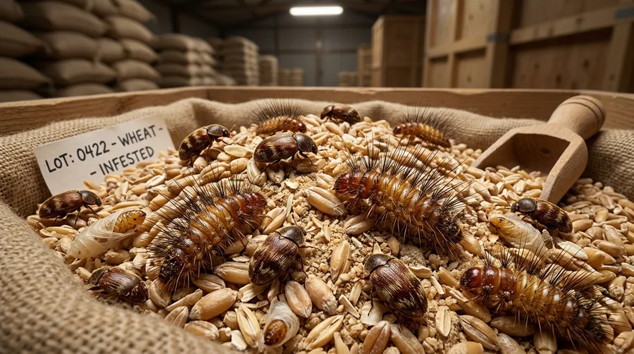Small oval mottled brown-and-black warehouse beetle beside a bristly cast larval skin