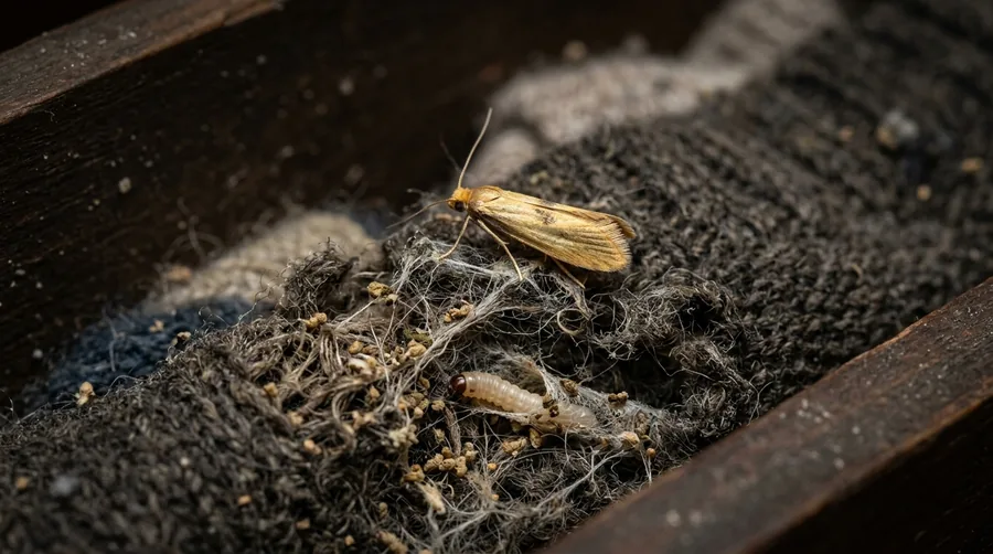 Small plain golden-buff webbing clothes moth on a dark wool sweater in a closet