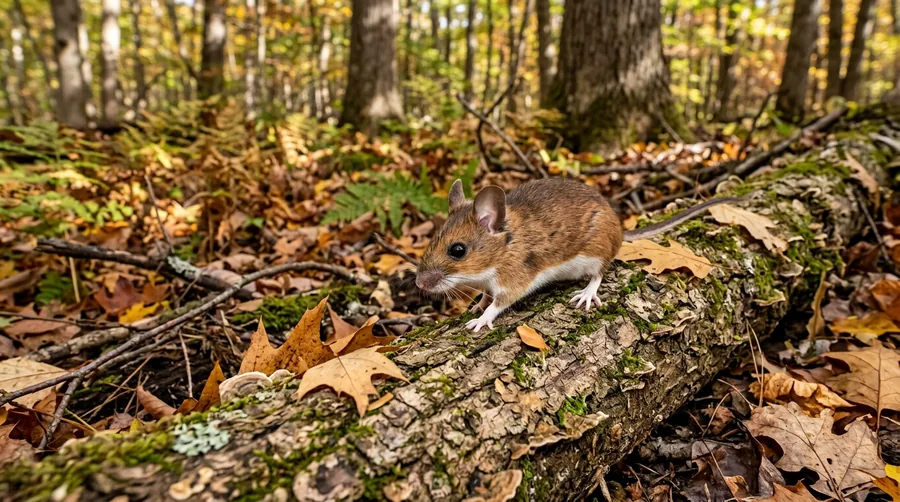 Reddish-brown white-footed mouse with white belly and feet on a mossy log