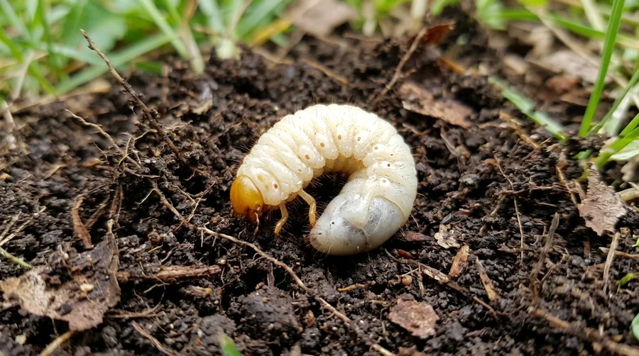 White C-shaped grub with a brown head curled in soil beneath lifted lawn turf