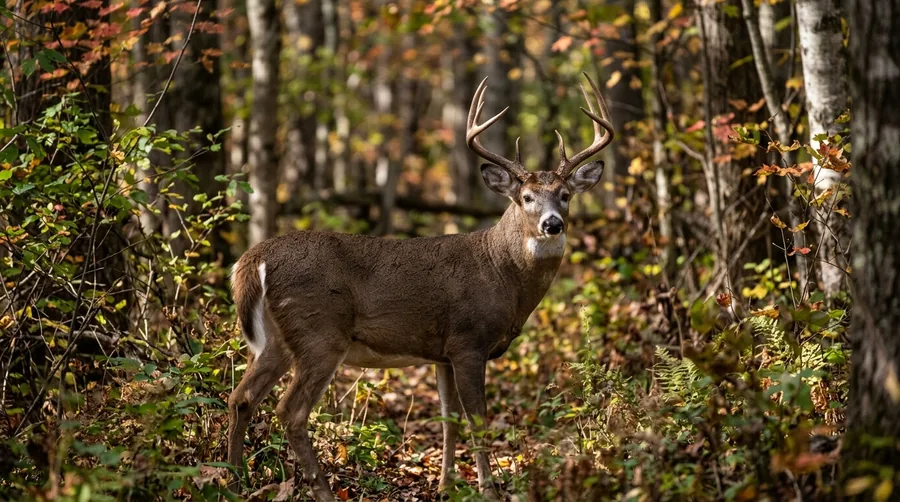 Brown white-tailed deer browsing on garden shrubs at the edge of a yard at dusk