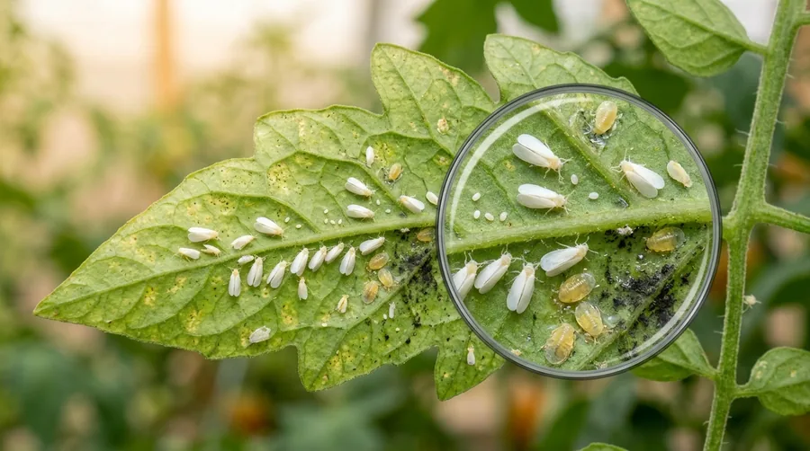 Many tiny white moth-like whiteflies clustered on the underside of a green leaf