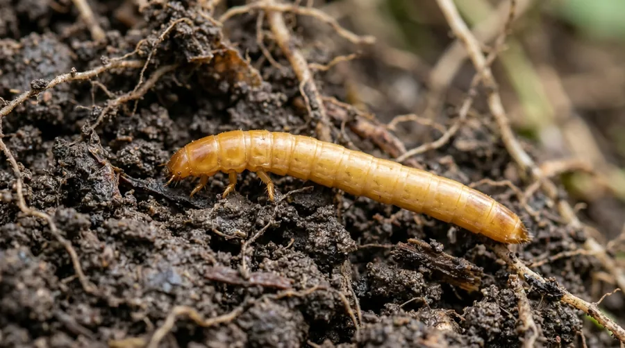 Slender shiny orange-brown wireworm larva in soil next to a damaged seed potato