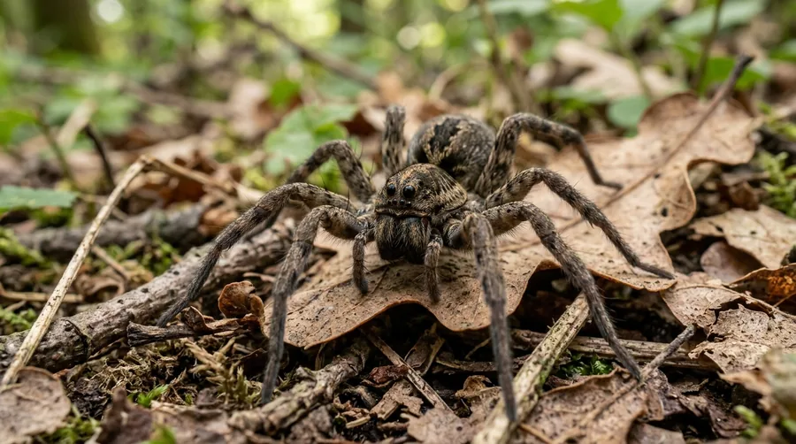 Large hairy brown wolf spider with mottled markings on the ground among leaf litter