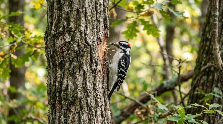 Black and white woodpecker with a red head marking clinging to wooden house siding