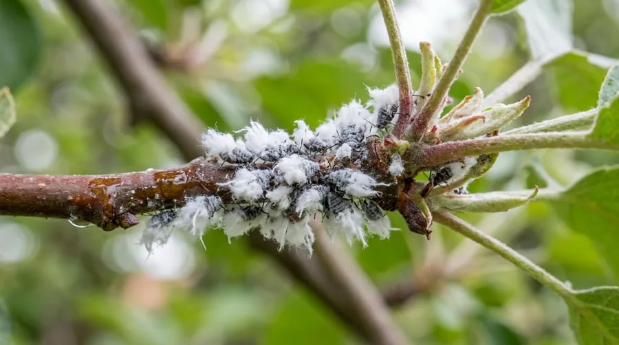 White woolly aphids covered in fluffy wax clustered on an apple tree branch
