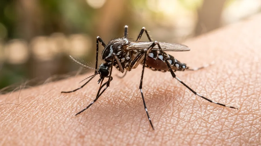 Dark yellow fever mosquito with white lyre-shaped markings on its back on skin