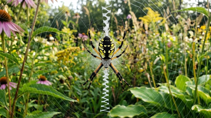 Black and yellow garden spider on a web with a white zigzag silk band down the center