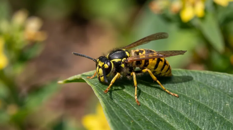 Black and yellow yellowjacket wasp feeding on a piece of fruit on an outdoor table